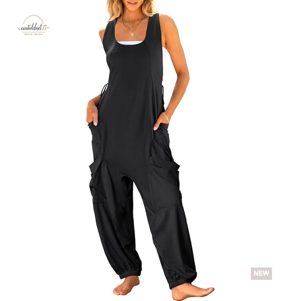 Sleeveless Jumpsuit With Pockets, Adjustable Straps, Loose Fit Summer Romper